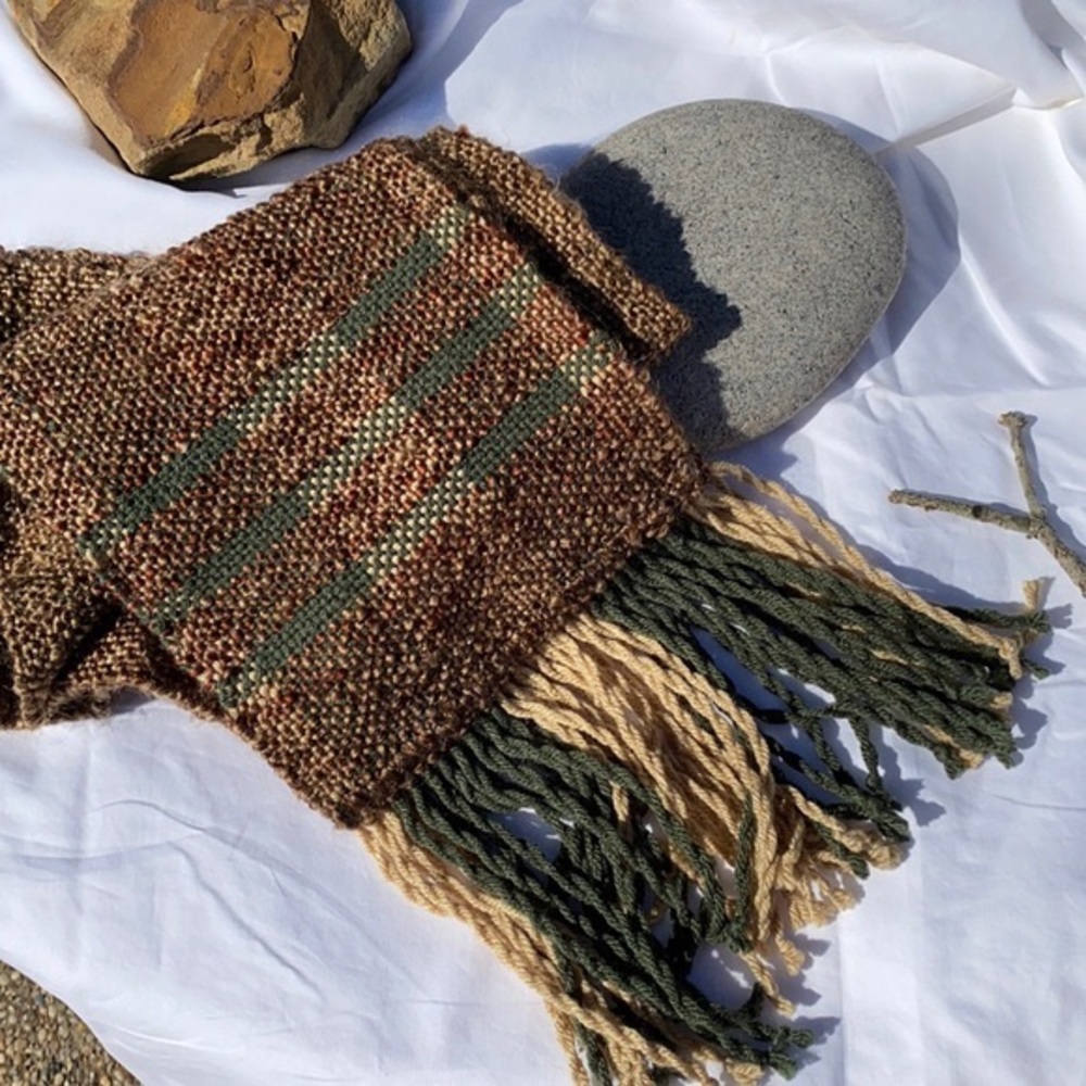NEW Scarf Unisex handmade woven brown green fringe soft long acrylic fringe - Picture 1 of 10